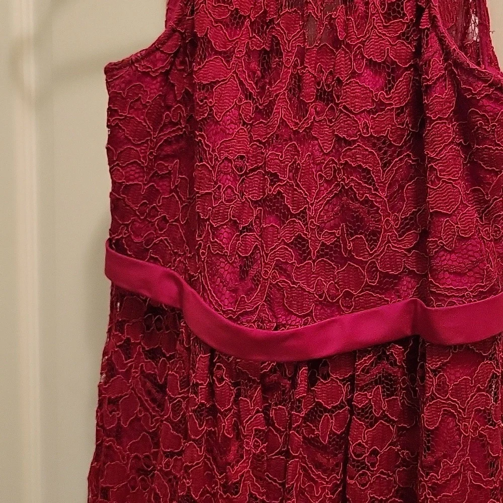 David's Bridal dark cranberry lace dress empire waist ribbontrim tieback 12 EUC… - Picture 2 of 5